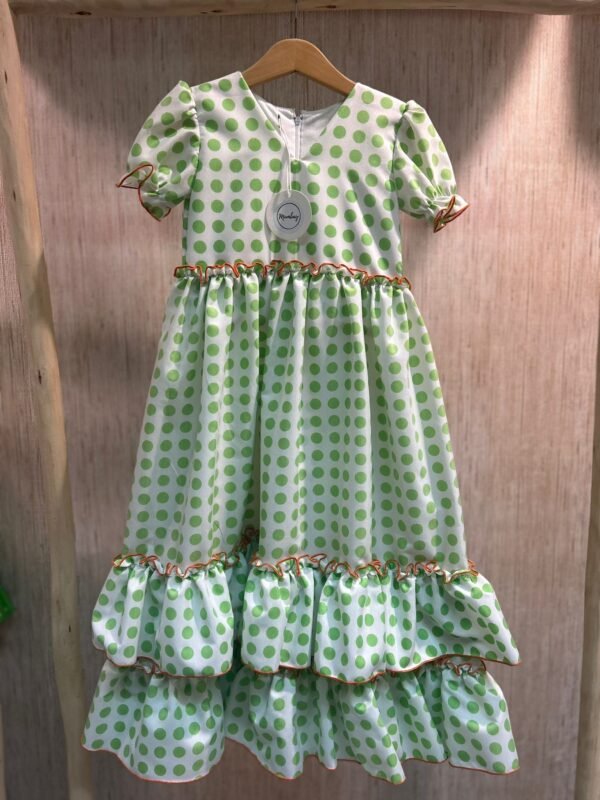 TRAJE NIÑA BLANCO LUNAR VERDE REMALLADO NARANJA